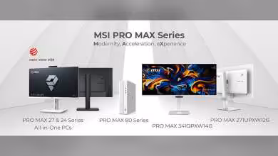 Visuel MSI PRO MAX Series avec desktops, AiO et écrans QD-OLED, dont PRO MAX 27 et 24 Series.