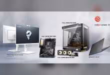 Montage MSI Red Dot Winner 2026 avec PC All-in-One, carte mère X870E ACE MAX, AIO CoreLiquid et PC Stealth.