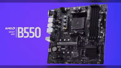 Carte mère MSI B550 sur fond violet intense, texte AMD Socket AM4 en surbrillance