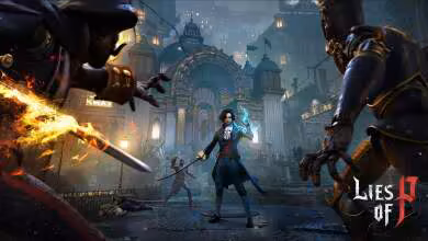 Capture d'écran du jeu "Lies of P" avec personnage central et décor détaillé.