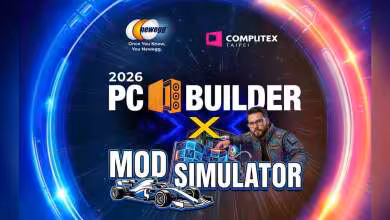 Visuel Newegg Computex 2026 PC Builder x Mod Simulator, avec logo Computex Taipei et illustration racing.
