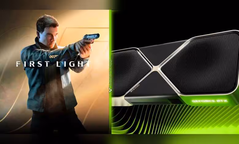 007 First Light offert avec les GeForce RTX 5060 Ti à RTX 5090 sur desktop et laptop 1 Carte graphique NVIDIA RTX avec design futuriste, couleurs vives et fond noir intensément contrasté.