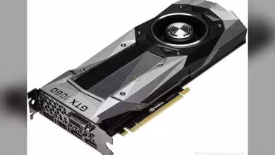 Carte graphique NVIDIA GeForce GTX 1080, fond blanc, contraste fort, détails nets.