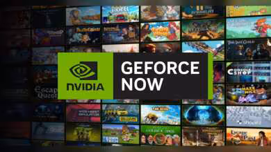 Logo NVIDIA GeForce NOW sur fond de mosaïque de jeux vidéo, couleurs contrastées et vives