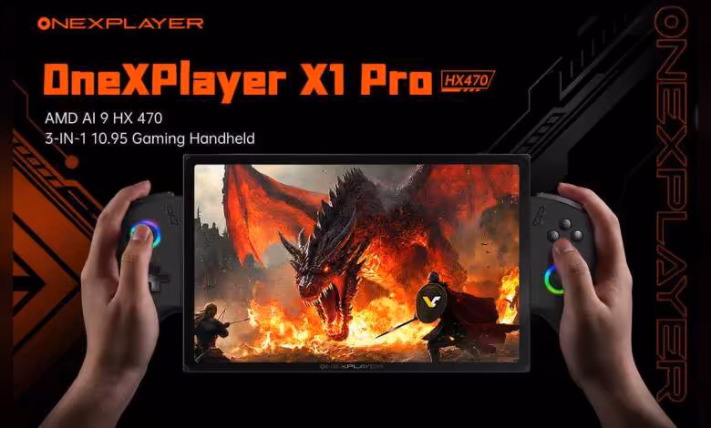 OneXPlayer X1 Pro : Ryzen AI 9 HX 470, Radeon 890M et OCuLink à partir de 1 799 $ 1 OneXPlayer X1 Pro avec écran montrant un dragon, couleurs vives et fond sombre contrasté