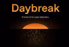 Logo "Daybreak" avec texte "Frontier AI for cyber defenders", fond noir et orange.