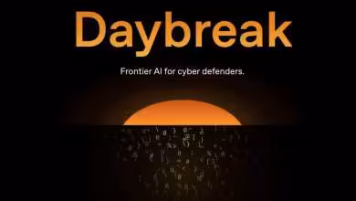 Logo "Daybreak" avec texte "Frontier AI for cyber defenders", fond noir et orange.