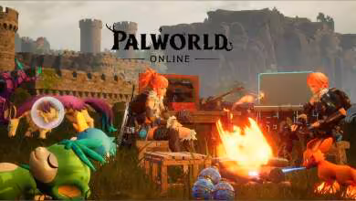 Logo Palworld Online sur fond de gameplay avec personnages au feu de camp