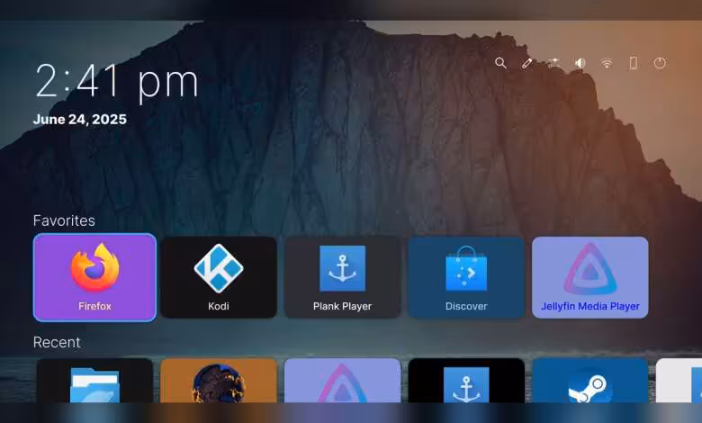 Plasma Bigscreen arrive dans KDE Plasma 6.7 Beta pour transformer les HTPC Linux 1 Interface Plasma Bigscreen avec tuiles d’applications Firefox, Kodi, Plank Player, Discover et Jellyfin Media Player