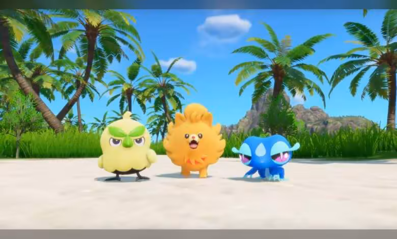 Pokémon Winds and Waves : Amazon Allemagne affiche déjà un tarif de 79,99 € 1 Trois Pokémon sur une plage tropicale, style in-game, avec ciel bleu, palmiers et montagne en arrière-plan
