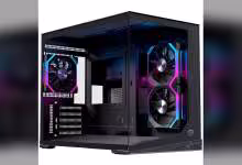 Boîtier EINAREX PRISMA SM300 noir avec ventilation RGB, vue frontale ouverte montrant les deux ventilateurs latéraux