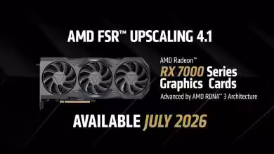 Image promotionnelle AMD RX 7000 avec FSR 4.1 sortie prévue en juillet 2026, fond sombre et contrasté