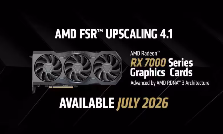 OptiScaler sur Proton-CachyOS : l’activation arrive via variables de lancement 1 Image promotionnelle AMD RX 7000 avec FSR 4.1 sortie prévue en juillet 2026, fond sombre et contrasté