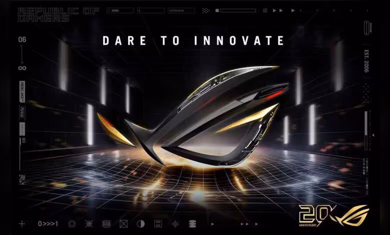 ROG Computex 2026 : ASUS fête 20 ans et prépare ses nouveautés gaming à Taipei 1 Logo ASUS ROG stylisé 20e anniversaire sur fond noir futuriste avec slogan Dare to Innovate