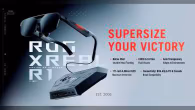 Lunettes AR ROG XREAL avec boîtier, mention SuperSize Your Victory et caractéristiques gaming 240 Hz