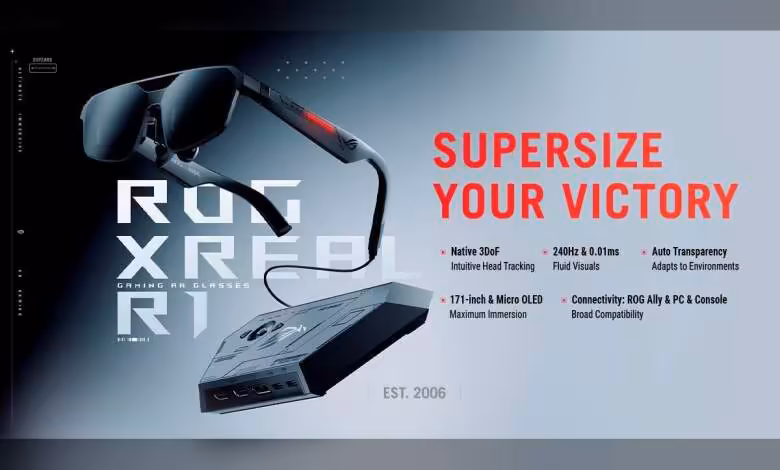 Lunettes AR ROG XREAL avec boîtier, mention SuperSize Your Victory et caractéristiques gaming 240 Hz