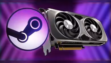 Carte graphique RTX avec logo Steam en arrière-plan, éclairage violet contrasté