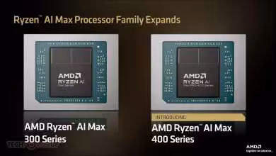 Comparatif AMD Ryzen AI Max 300 Series et Ryzen AI Max 400 Series, puce Ryzen au centre.