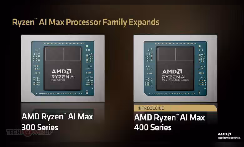 Ryzen AI Max 400 : Strix Halo passe à 192 Go et vise les gros modèles IA 1 Comparatif AMD Ryzen AI Max 300 Series et Ryzen AI Max 400 Series, puce Ryzen au centre.