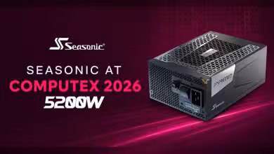 Alimentation Seasonic 5200W sur fond rouge sombre, logo et texte contrastés