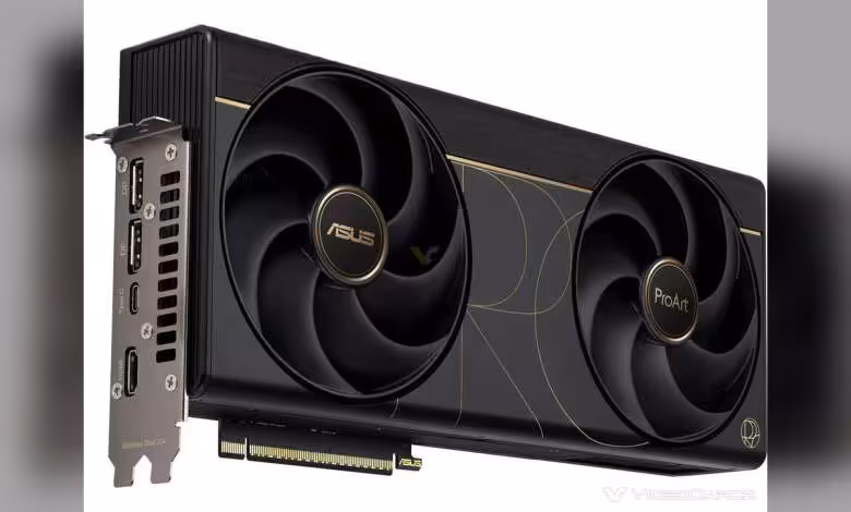 RTX 5090 ProArt : ASUS lance en Europe une version 2,5 slots à PCB Founders Edition 1 Carte graphique ASUS ProArt avec ventilateurs dual axial, cadrage professionnel, fond blanc