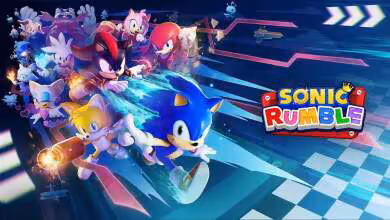 Visuel promotionnel Sonic Rumble de Sega avec Sonic et ses amis sur circuit coloré futuriste