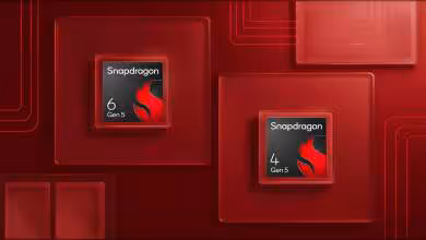 Chipsets Snapdragon 6 Gen 5 et 4 Gen 5 sur fond rouge