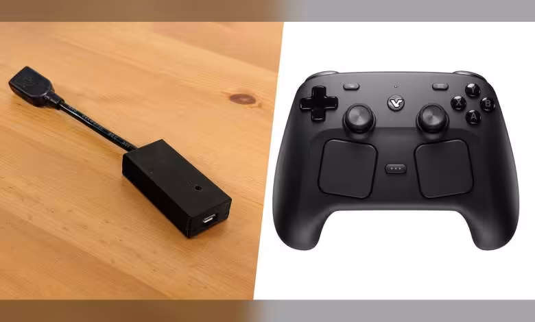Steam Controller compatible HID Remapper : trackpads, gyro, Switch 2 et Android 1 Photo d'un contrôleur Steam Controller et adaptateur USB noir, fond bois clair