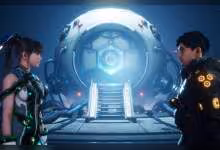 Eve et un personnage masculin face à une porte futuriste lumineuse, scène de Stellar Blade