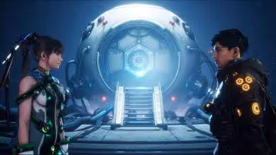 Eve et un personnage masculin face à une porte futuriste lumineuse, scène de Stellar Blade