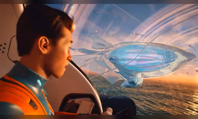 Subnautica 2 fixe sa sortie en accès anticipé au 14 mai 2026 sur PC et Xbox 1 Personnage observant une créature marine bioluminescente à travers un hublot dans Subnautica 2.