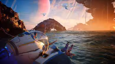 Scène Subnautica 2 en mer au coucher du soleil, vue cockpit, créatures marines et dirigeables visibles