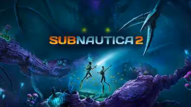 Illustration du jeu Subnautica 2 avec deux plongeurs et environnement sous-marin alien.