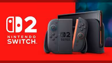 Console Nintendo Switch 2 avec Joy-Con rouge et gris sur fond rouge vif