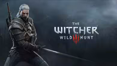 Geralt de Riv en gros plan prêt au combat dans brouillard sombre, intitulé "The Witcher Wild Hunt".