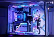 Immense boîtier PC RTX 6090 avec éclairage RGB vif et design futuriste, fond sombre.