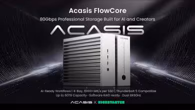 Visuel promotionnel Acasis FlowCore 80Gbps, boîtier de stockage Thunderbolt 5 pour créateurs et IA