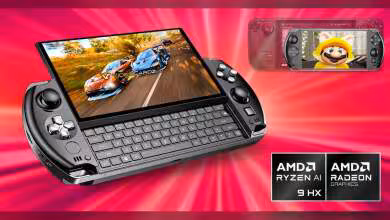 Console portable ASUS ROG Ally avec écran et contrôleurs, logos AMD Ryzen AI et Radeon Graphics.
