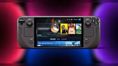 Steam Deck montrant interface utilisateur, éclairage coloré et fond dégradé rouge et bleu