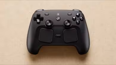 Manette de jeu Steam Controller en noir, boutons A, B, X, Y et deux pavés tactiles.