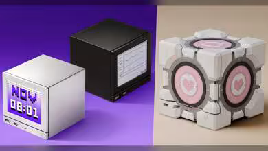 Objets au design cubique, couleurs vives avec fond violet et beige