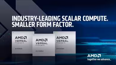 Trois puces AMD Versal Prime Gen 2 sur fond bleu, annonce « Industry-leading scalar compute ».