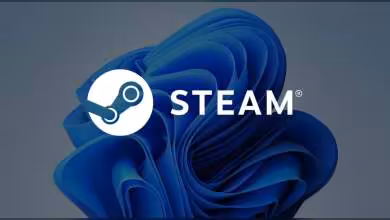 Logo Steam sur fond du logo bleu Windows 11 en abstraction.