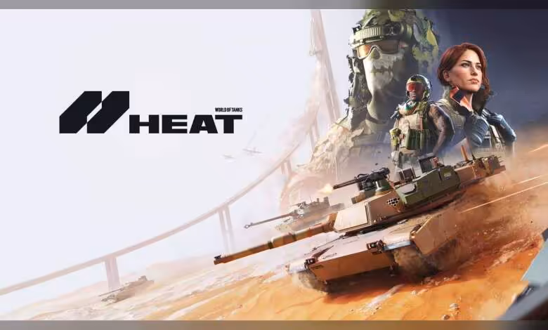 World of Tanks: HEAT débarque sur PC et consoles avec cross-play et 60 FPS en 4K 1 Visuel promotionnel HEAT avec logo du jeu, char et personnages sur fond de désert.