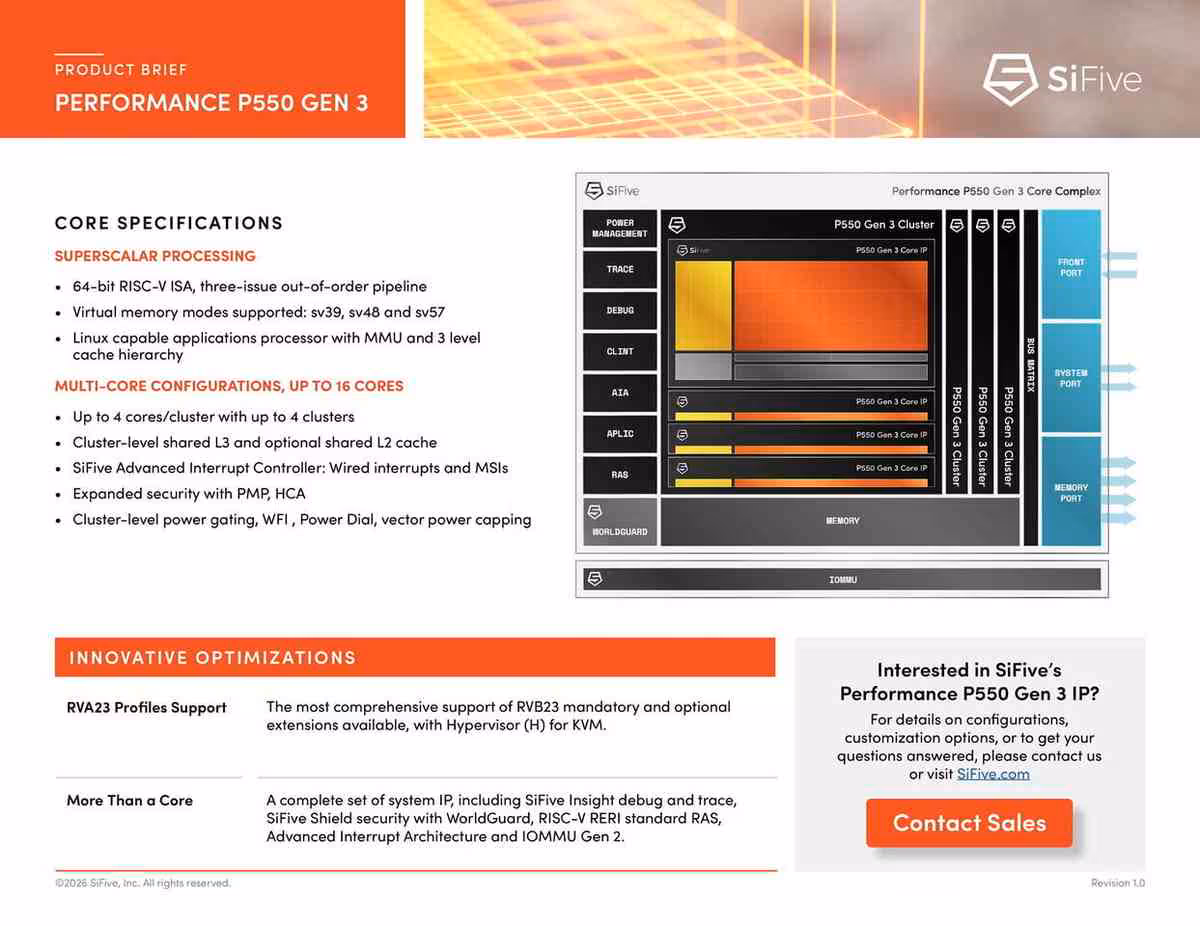 Brochure SiFive Performance P550 Gen 3 détaillant spécifications, optimisations et configuration du cluster CPU