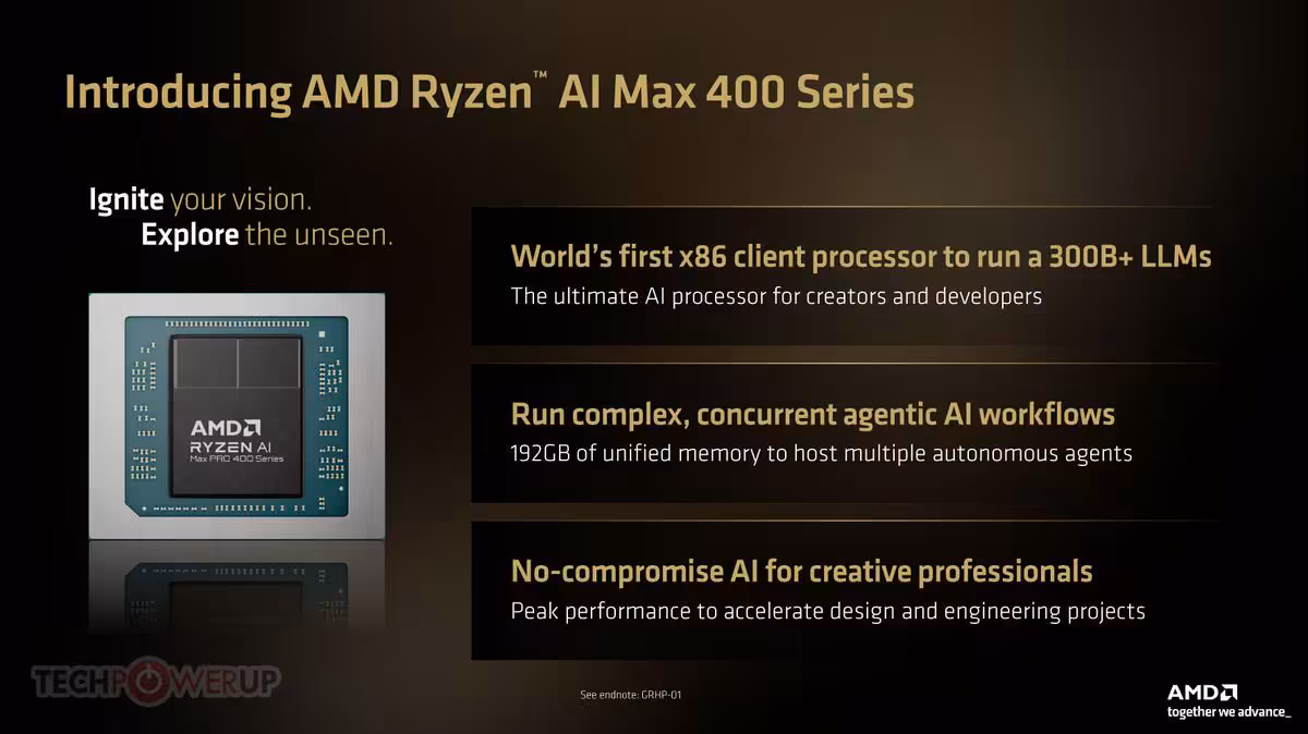 Ryzen AI Max 400 : Strix Halo passe à 192 Go et vise les gros modèles IA 4 AMD Ryzen AI Max 400 Series, processeur x86 pour LLM 300B+ et 192 Go mémoire.