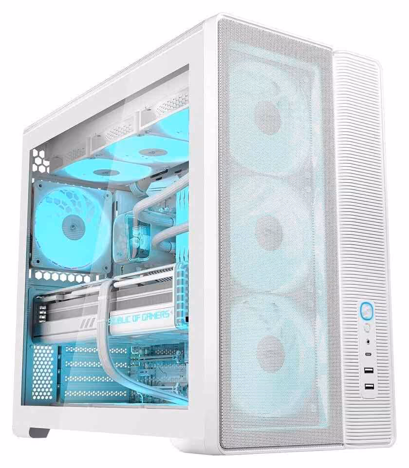 SAMA S50 : un boîtier ATX compact avec 4 ventilateurs ARGB et GPU jusqu’à 410 mm 6 Boîtier SAMA S50 blanc entièrement monté, refroidissement liquide RGB, façade mesh et trois ventilateurs avant