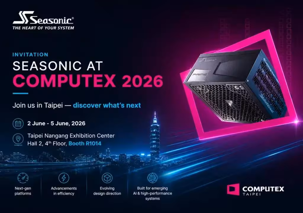 Invitation Seasonic Computex 2026 avec skyline nocturne, texte et fond sombre