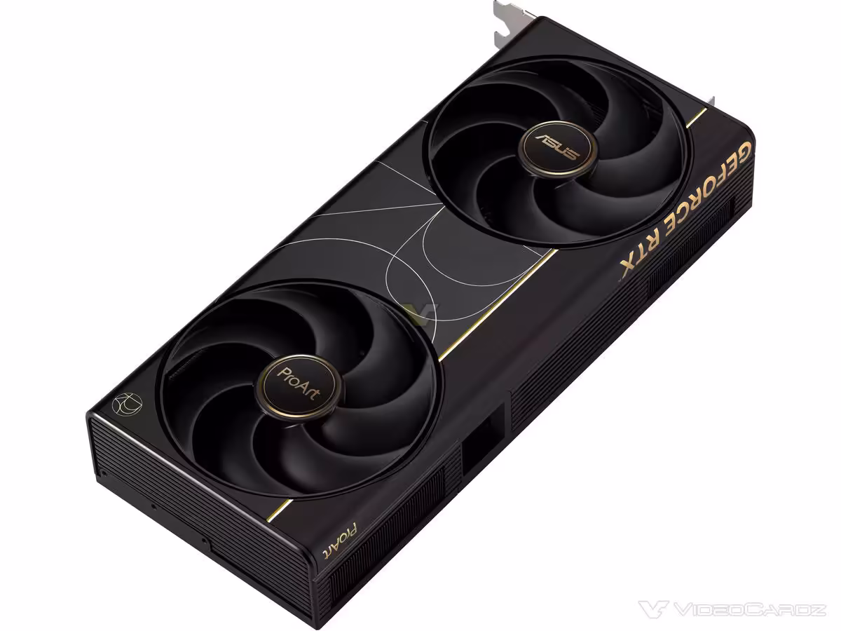 RTX 5090 ProArt : ASUS lance en Europe une version 2,5 slots à PCB Founders Edition 5 ASUS ProArt GeForce RTX perspective inclinée, design soigné, fond blanc