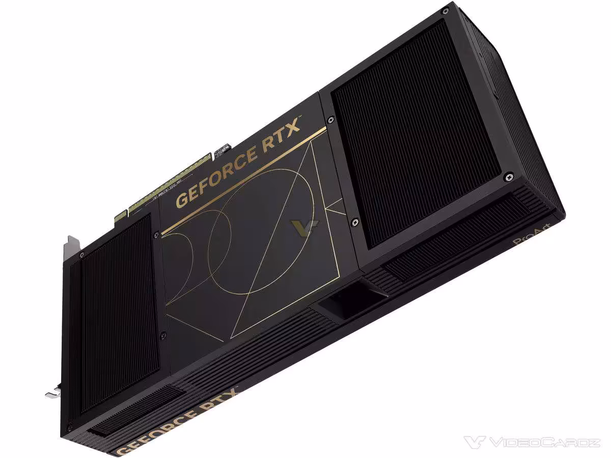 RTX 5090 ProArt : ASUS lance en Europe une version 2,5 slots à PCB Founders Edition 6 Arrière NVIDIA GeForce RTX angulaire, contraste doré et noir, fond blanc